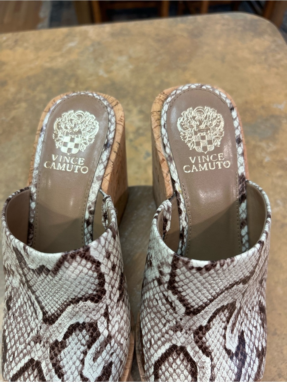 Vince Camuto Chaison Platform Wedge Slide Snakeskin Print in Brown and Cream - Picture 5 of 8